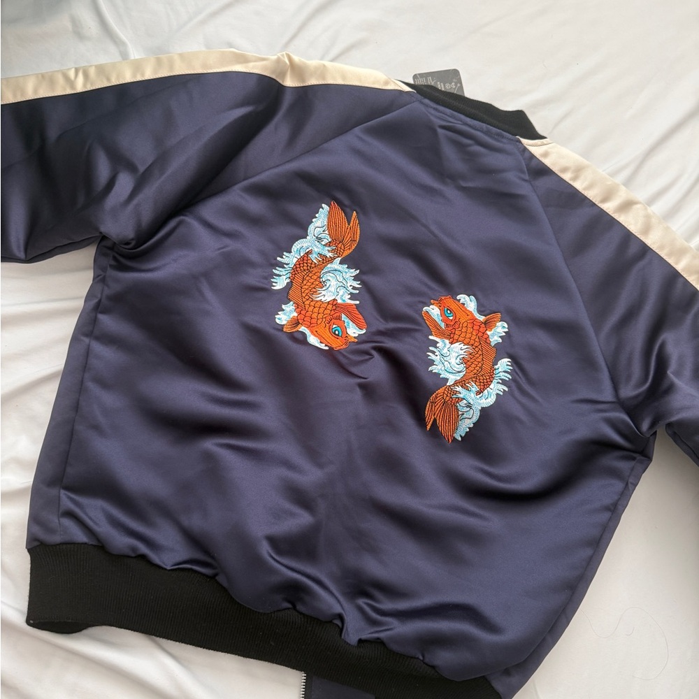 Urban Outfitters Navy and Beige Bomber Jacket